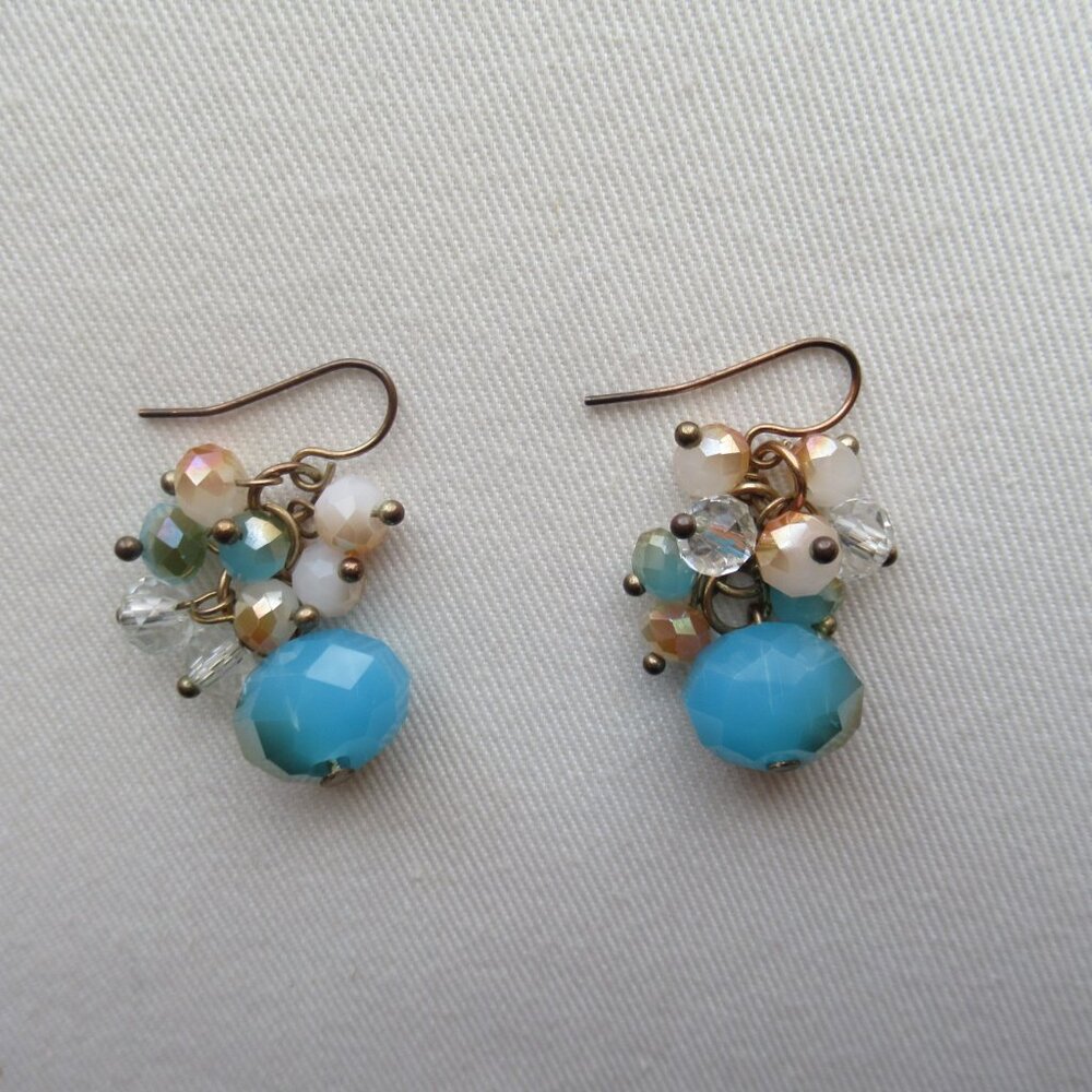 Blue Iridescent & Gold Dangle Cluster Drop Earrings Beads Beaded
